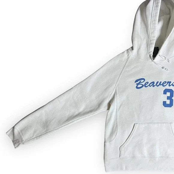 Roots Canada Athletics Women's White & Blue Flocked Graphic Beavers Hoodie Sz S - Picture 6 of 13